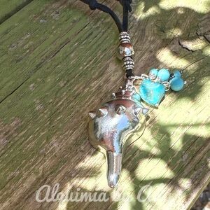 Turquoise silver big seashell pendant oversized black rope necklace/choker
